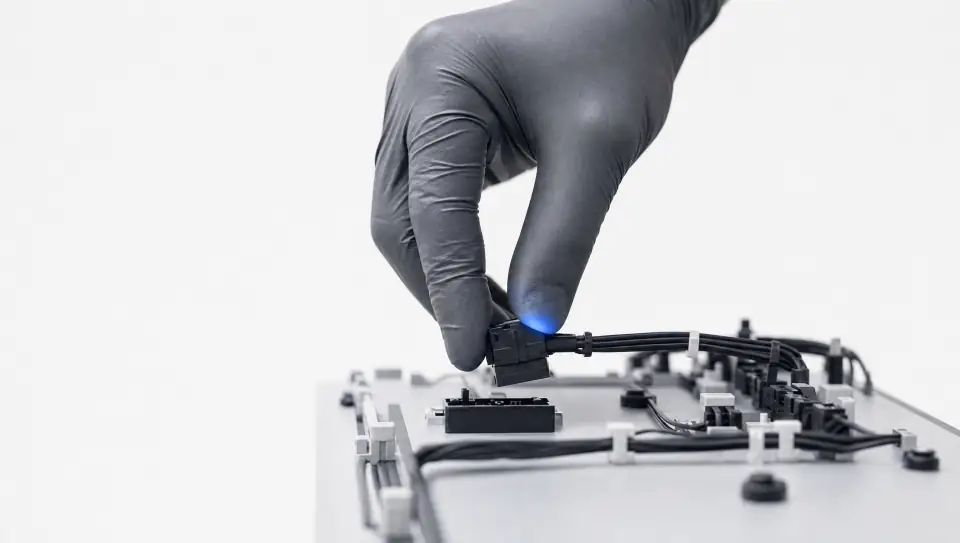 Hand setzt einen schräg stehenden Stecker ein zweites Mal an