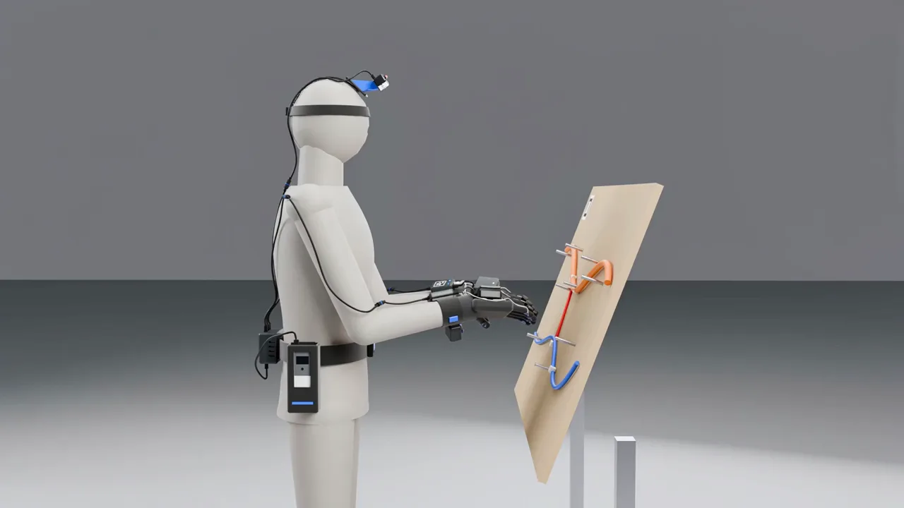 Figure wearing the Taktil capture kit at a wire harness board: head camera, gloves with wrist cuffs, unit on the belt